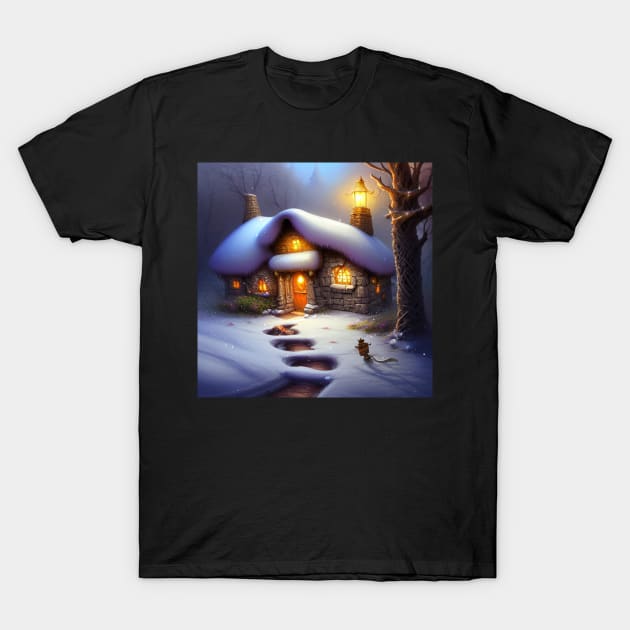 Magical Fantasy Cottage with Lights In A Snowy Scene, Scenery Nature T-Shirt by Promen Art